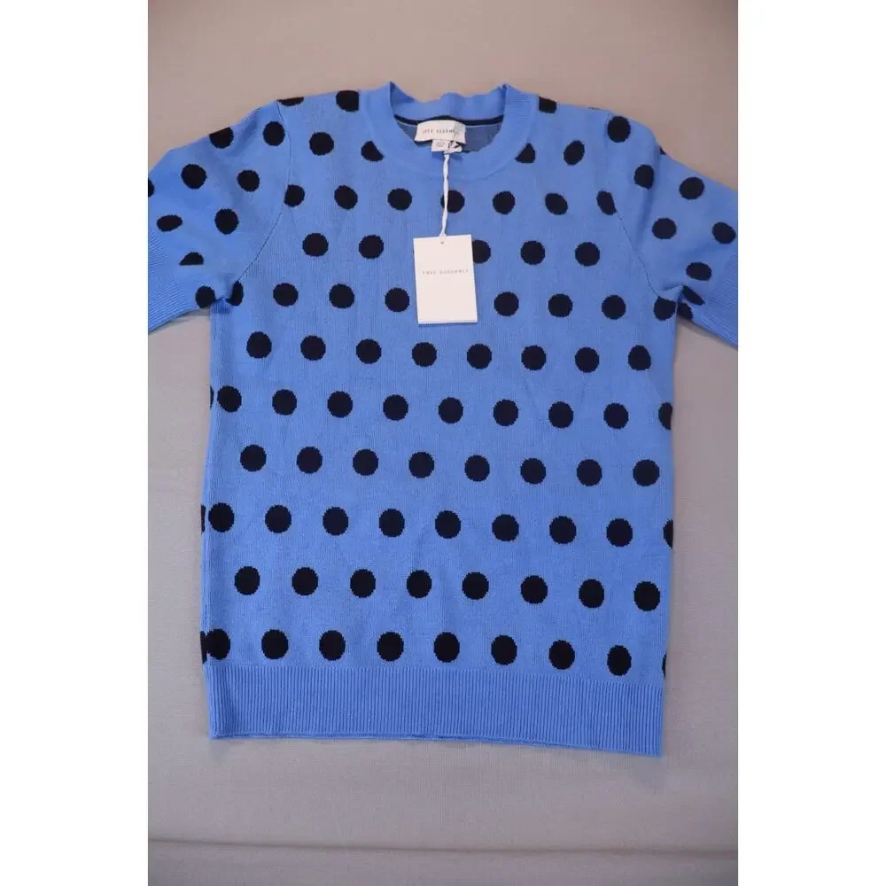 NEW Free Assembly Blue Polka Dots Shrunken Short Sleeve Knit Sweater Tee Size S
